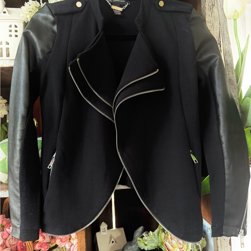 INC International Concepts Faux Black Leather Sleeve Jacket